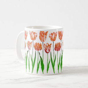 Tulip Garden Print in Coral Orange and Green Coffee Mug