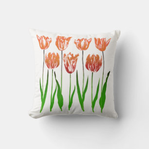 Tulip Garden Print in Coral Orange and Green Cushion