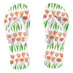 Tulip Garden Print in Coral Orange and Green Flip Flops