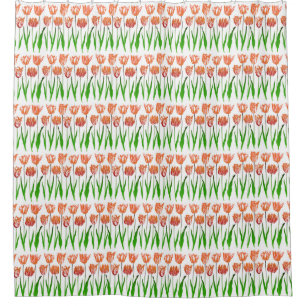Tulip Garden Print in Coral Orange and Green Shower Curtain