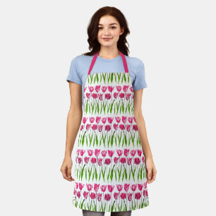 Tulip Garden Print in Fuchsia Pink and Green Apron