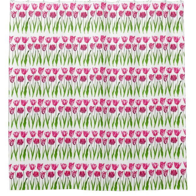 Tulip Garden Print in Fuchsia Pink and Green  Shower Curtain (Front)