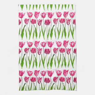 Tulip Garden Print in Fuchsia Pink and Green Tea Towel
