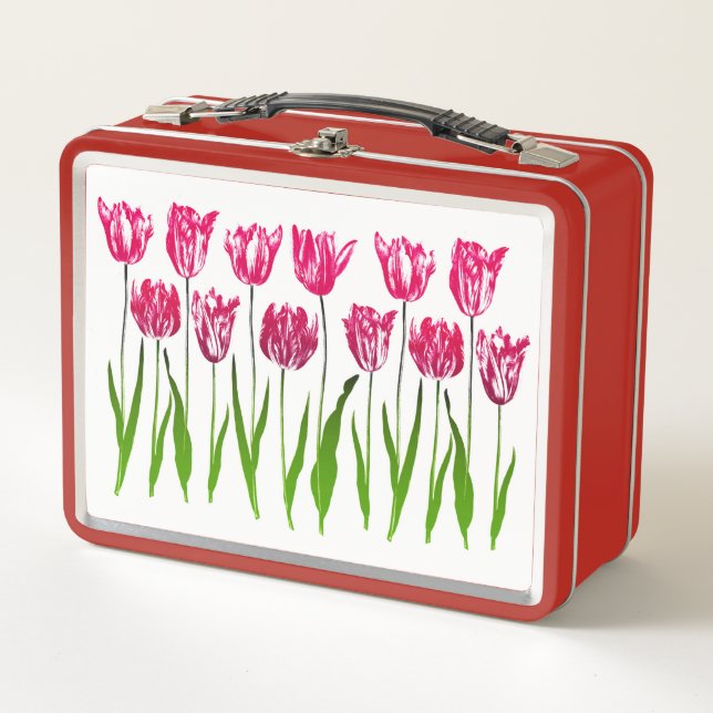 Tulip Garden Print in Shades of Fuchsia Pink and G Metal Lunch Box (Front)