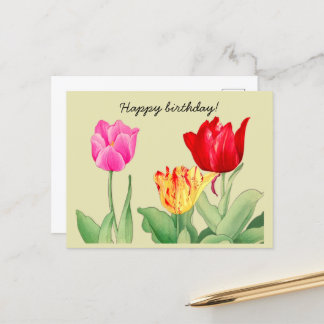 Tulip, Japanese woodblock art , Happy Birthday Postcard