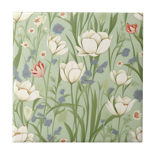 Tulip Meadow in Sage Green Tile (Front)