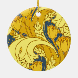 Tulip Pattern Print: Yellow Blue Art Nouveau Ceramic Tree Decoration