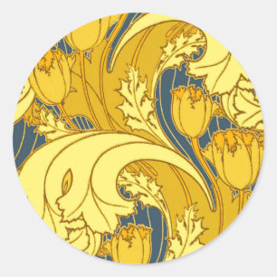 Tulip Pattern Print: Yellow Blue Art Nouveau Classic Round Sticker