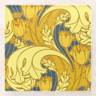 Tulip Pattern Print: Yellow Blue Art Nouveau Glass Coaster