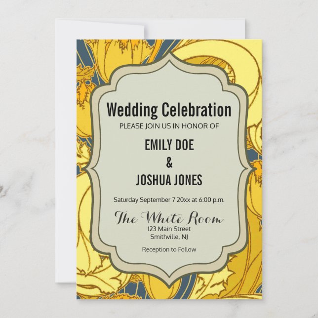 Tulip Pattern Print: Yellow Blue Art Nouveau Invitation (Front)