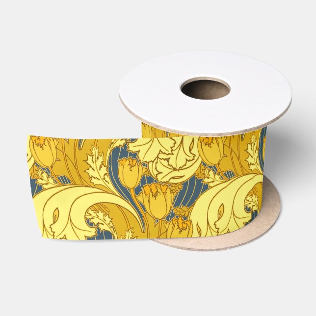 Tulip Pattern Print: Yellow Blue Art Nouveau Satin Ribbon (Spool)