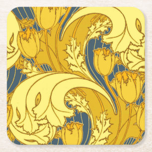 Tulip Pattern Print: Yellow Blue Art Nouveau Square Paper Coaster