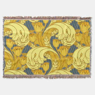 Tulip Pattern Print: Yellow Blue Art Nouveau Throw Blanket
