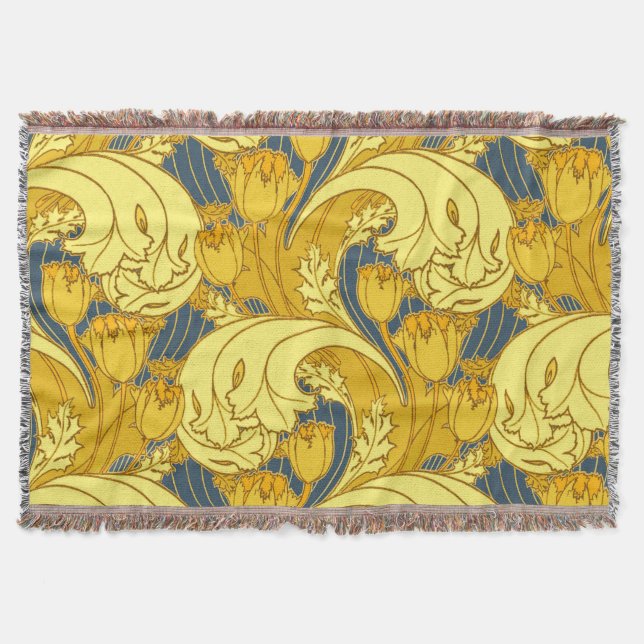 Tulip Pattern Print: Yellow Blue Art Nouveau Throw Blanket (Front)