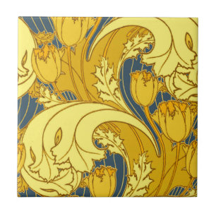 Tulip Pattern Print: Yellow Blue Art Nouveau Tile