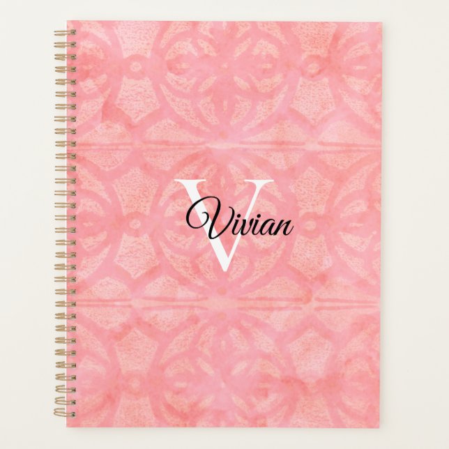 Tulip Pink Batik Elegant Monogram Name  Planner (Front)