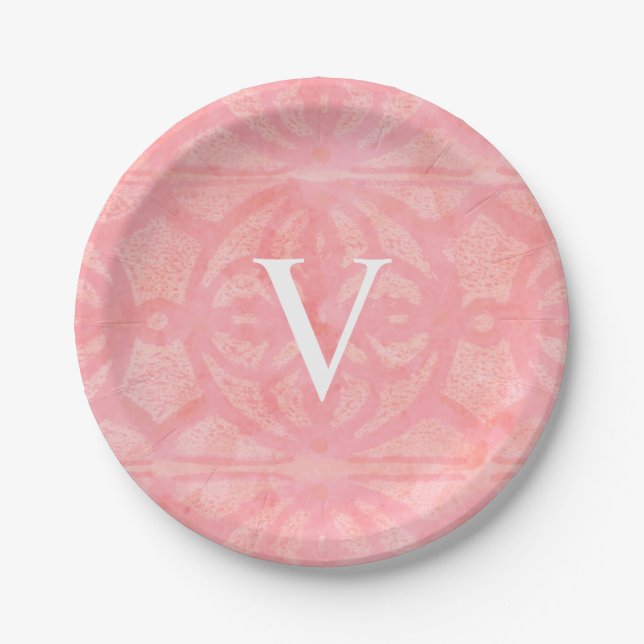 Tulip Pink Monogrammed Watercolor Paper Plate (Front)