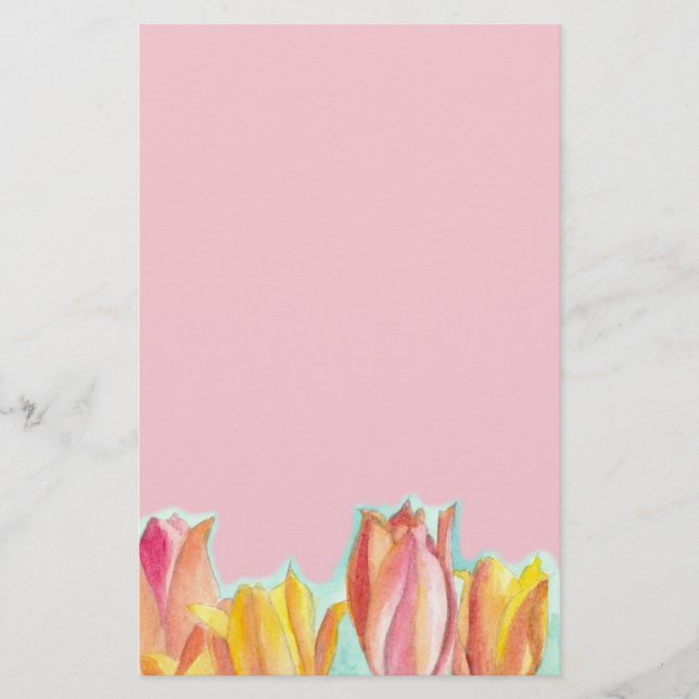 Tulip Pink Stationery Paper Watercolor Floral Art (Front)