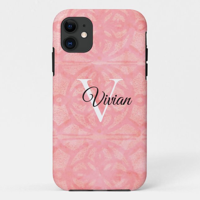 Tulip Pink Watercolor Monogram Name Case-Mate iPhone Case (Back)