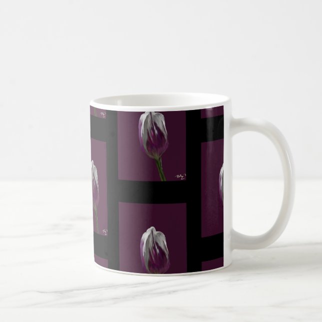Tulip purple mosaic black background coffee mug (Right)
