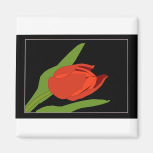 Tulip Red Frame Flower Floral Leaf Black Frame Magnet