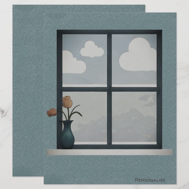 Tulip Vase House Window Clouds Blue ScrapbookPaper (Front/Back)