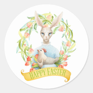 Tulip Wreath and Rabbit Happy Easter Classic Round Sticker
