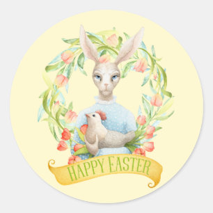 Tulip Wreath and Rabbit Happy Easter Classic Round Sticker