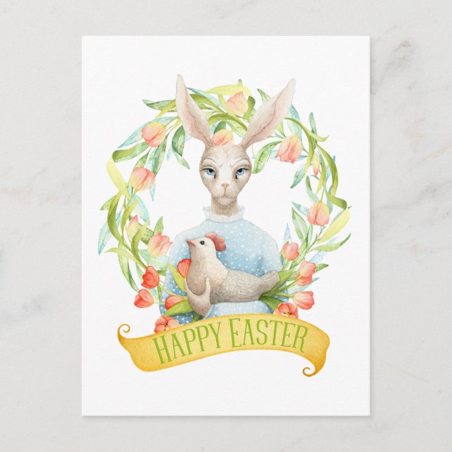 Tulip Wreath and Rabbit Happy Easter Holiday Postcard (Front)
