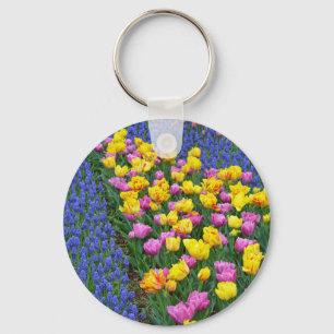 Tulips and bluebells flower garden key ring