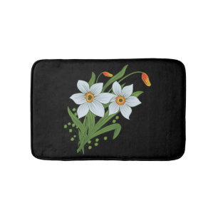 Tulips and Daffodils Flowers Black Background Bath Mat