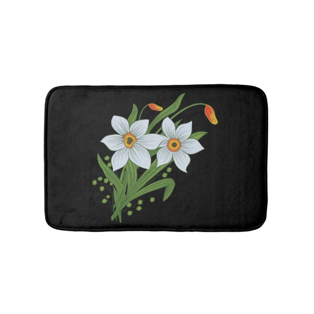 Tulips and Daffodils Flowers Black Background Bath Mat (Front)