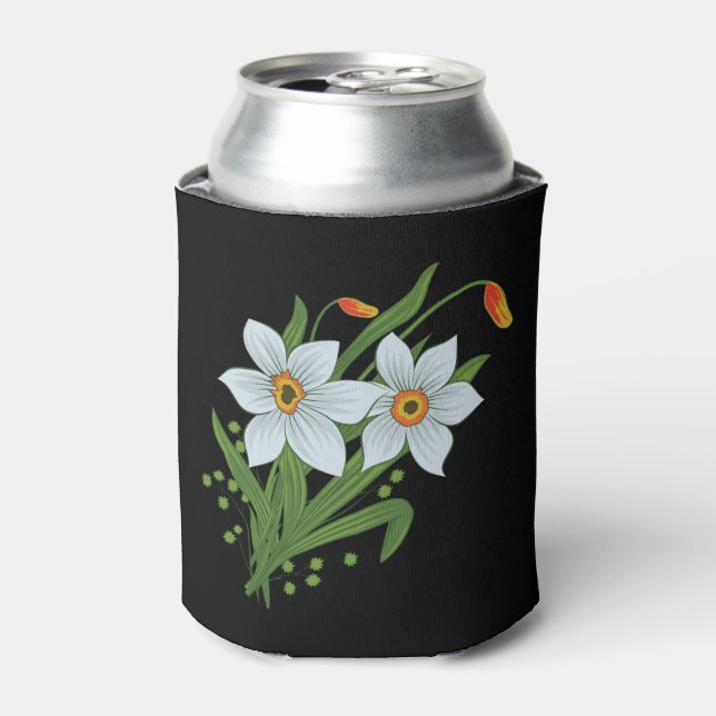 Tulips and Daffodils Flowers Black Background Can  Cooler (Can Front)