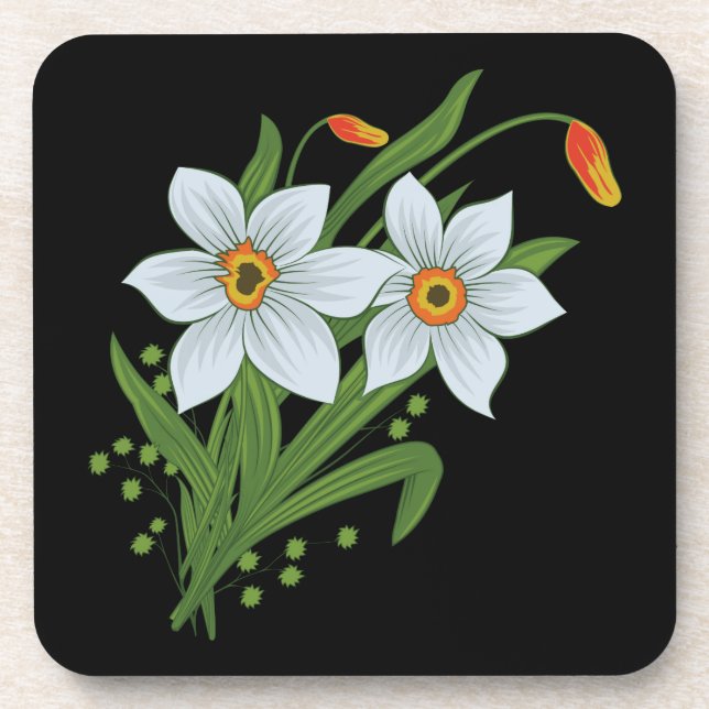 Tulips and Daffodils Flowers Black Background Coaster (Front)