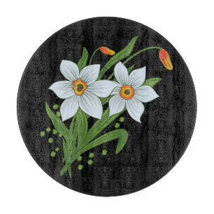 Tulips and Daffodils Flowers Black Background Cutting Board
