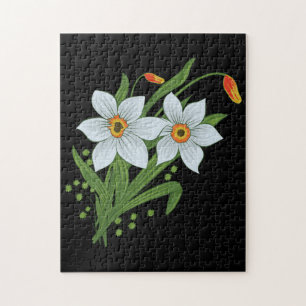 Tulips and Daffodils Flowers Black Background Jigsaw Puzzle