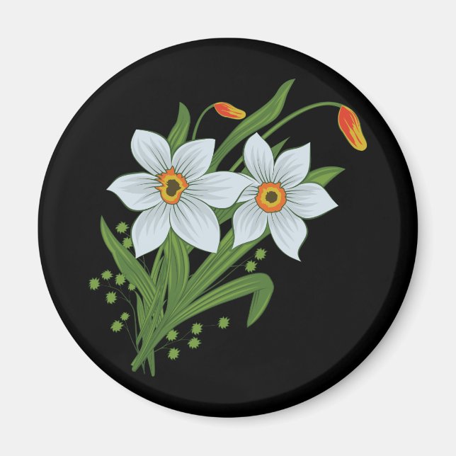 Tulips and Daffodils Flowers Black Background Magnet (Front)