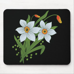 Tulips and Daffodils Flowers Black Background Mouse Mat