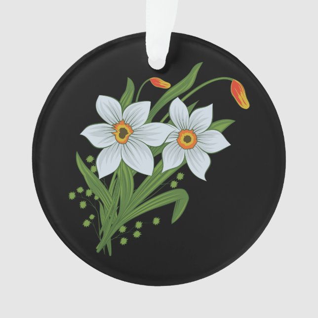 Tulips and Daffodils Flowers Black Background Ornament (Front)