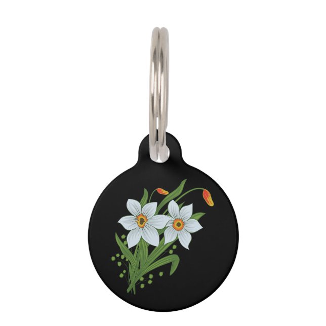 Tulips and Daffodils Flowers Black Background Pet Tag (Front)