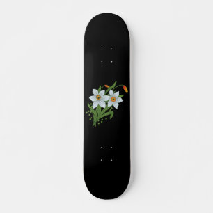 Tulips and Daffodils Flowers Black Background Skateboard