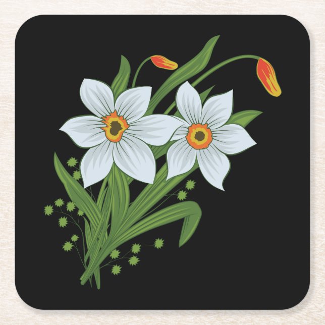 Tulips and Daffodils Flowers Black Background Square Paper Coaster (Front)