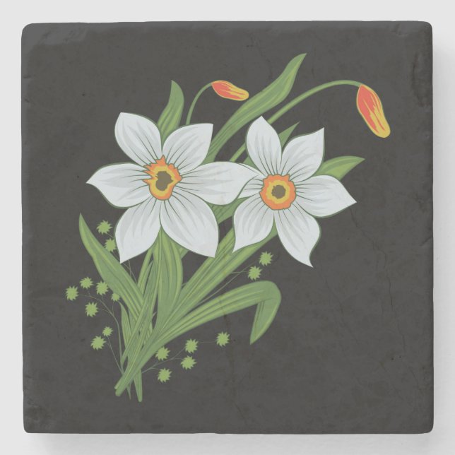 Tulips and Daffodils Flowers Black Background Stone Coaster (Front)