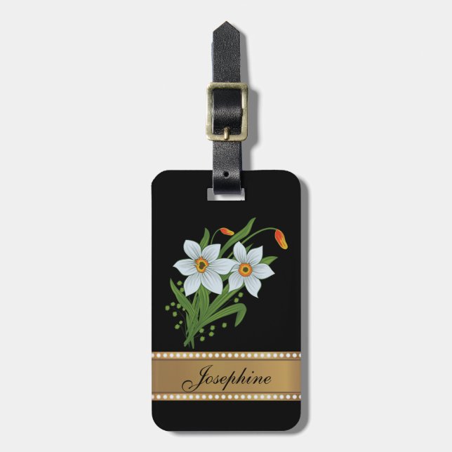 Tulips and Daffodils Gold Personalised Name Luggage Tag (Front Vertical)