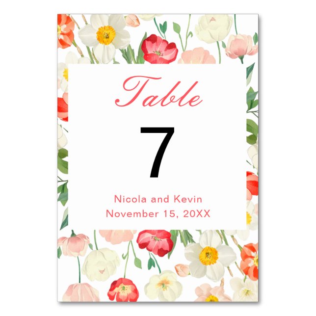 Tulips and Daffodils Spring Wedding Table Number (Front)