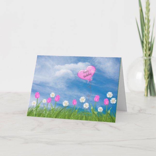 tulips and daisies in grass birthday card (Front)