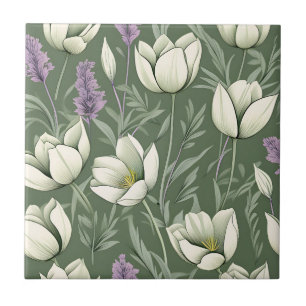 Tulips And Lavender On Green Tile