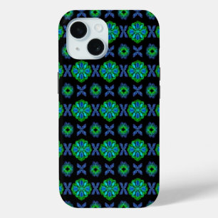 Tulips Artdeco in Retro style green blue black iPhone 15 Case