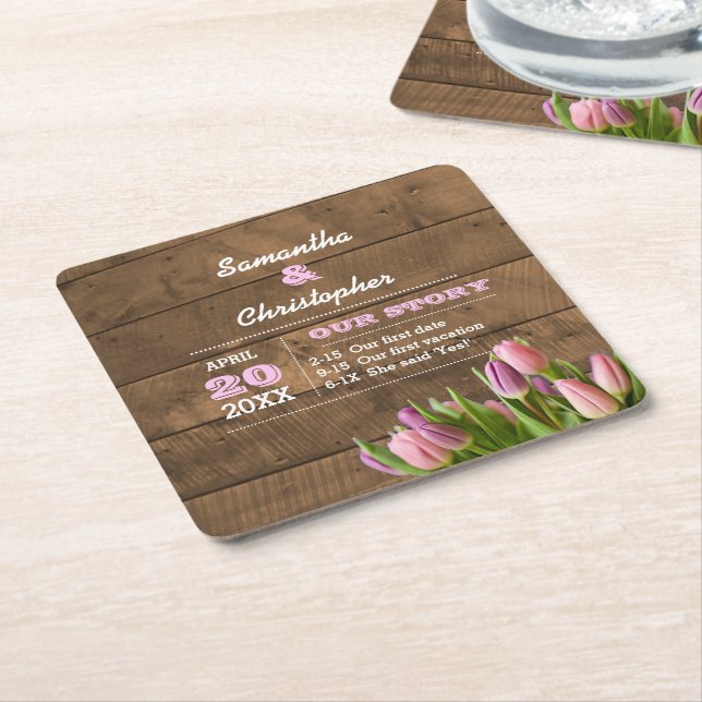 Tulips & Barnwood Pastel Personalised Wedding Square Paper Coaster (Angled)