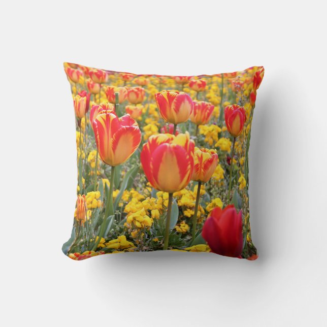 Tulips, Bright and colourful yellow and red Cushion (Front)